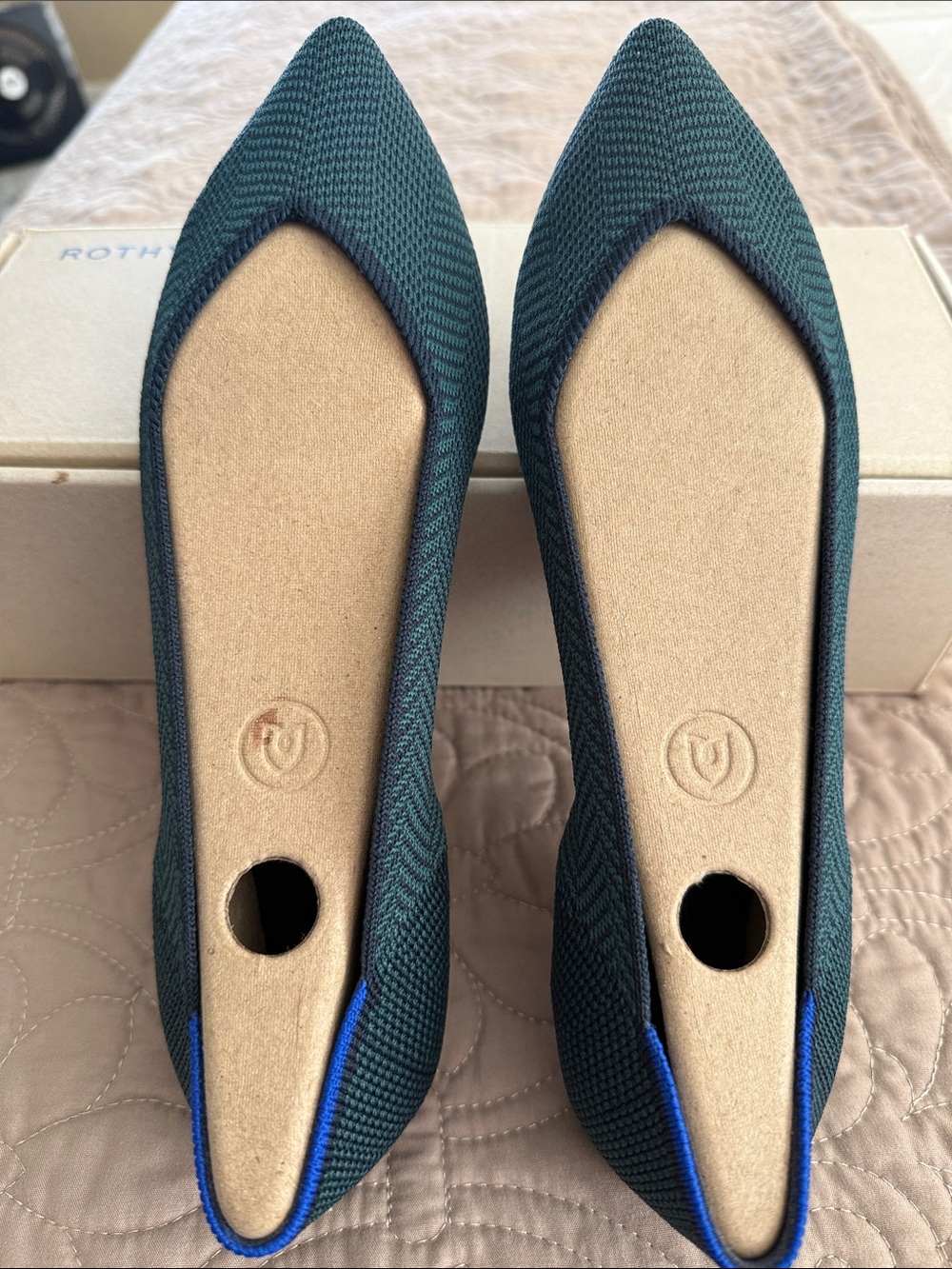 Rothy's The Original Point -  Knit Flats in Deep Teal with Blue Trim